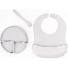 Gri 3’lü Silikon Yemek Seti – Önlük + Diş Kaşıyıcılı Kaşık + Vakumlu Tabak