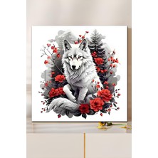 KutuTR 3D Görünümlü Temperli Cam Tablo – Buz Beyaz Kurt ve Kırmızı Güller Uv Baskı 33X33 CM-CTK075