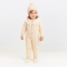 Babymy 4135 Kız Bebek Triko Şapka Dantel Yakalı Düğmeli Tulum