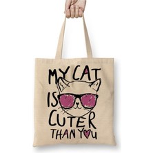 Toyaso My Cat Is Cuter Than You Kedi Beyaz Bez Çanta Uzun Saplı Alışveriş Çantası Plaj Çantası