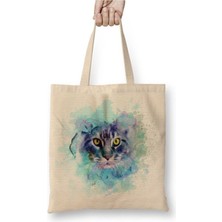 Toyaso Color Cat Renkli Kedi Beyaz Bez Çanta Uzun Saplı Alışveriş Çantası Plaj Çantası