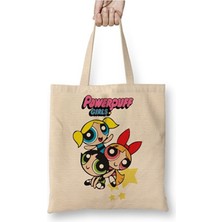 Toyaso Powerpuff Girls Beyaz Bez Çanta Uzun Saplı Alışveriş Çantası Plaj Çantası