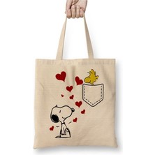 Toyaso Love Snoopy Beyaz Bez Çanta Uzun Saplı Alışveriş Çantası Plaj Çantası