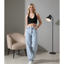 Lyvens Kadın Buz Mavisi Palazzo Kot Pantolon-Geniş Paça