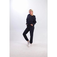 Nnstartshopping  Iki Iplik Kapüşonlu Fermuarlı Crop Oversize Hırka Takım- Lacivert