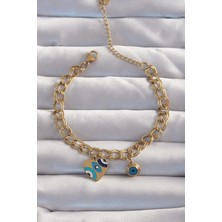 Claris 316L Çelik Gold Renk Nazarlı Kalp Model Zincir Bileklik