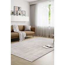 Saraz Halı Yalın Modern Dokuma Halı Kaymaz Tabanlı Yıkanabilir Salon ve Oturma Odası Halısı 5577 Krem