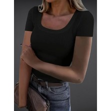 Nnstartshopping  Kadın Kısa Kollu Kare Yaka Basic Kaşkorse Bluz