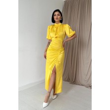 Nnstartshopping  Sarı Büzgülü Saten Elbise