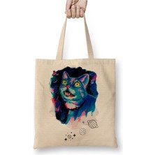 Toyaso Space Cat Kedi Gezegenler Beyaz Bez Çanta Uzun Saplı Alışveriş Çantası Plaj Çantası