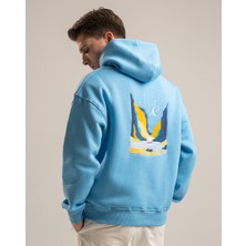 L'ajor Voyage Erkek Yumusaçık Kumaşlı Kapüşonlu Oversize Fit Nakışlı Mavi Sweatshirt