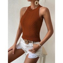 Nnstartshopping  Kadın Kolsuz Halter Yaka Mini Baklava Desenli Triko Bluz