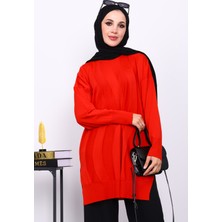 İmaj Butik Kırmızı Bisiklet Yaka Soğuk İplik Triko Tunik