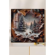 KutuTR 3D Görünümlü Temperli Cam Tablo – Kış Ormanı ve Yaprak Sanatı Teması Uv Baskı 33X33 CM-CTK063