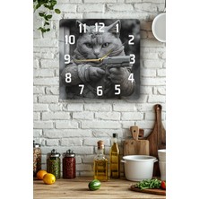KutuTR Kedi Savaşçı Temalı Temperli Cam Kare Saat 33X33 cm Ebadında Uv Baskı - KCS081