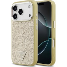 iPhone 17 Pro Uyumlu Kılıf Guess Lisanslı M-Safeli Metal Kamera Çerçeveli Üçgen Logolu Glitter Gold