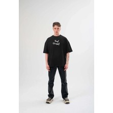 Rawea Fashion Unisex Bisiklet Yaka Baskılı Oversize T-Shirt - Siyah