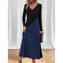 Arben Boutique Kadın Uzun Kollu V Yakalı Blok Desenli Viskon Elbise