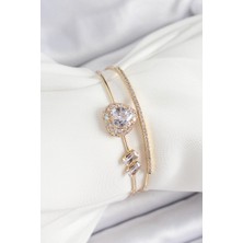 Claris Pirinç Gold Renk Kalpli Zirkon Taşlı Kadın Bileklik