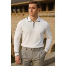 Comstar Erkek Çizgili Trend Uzun Kollu Beyaz Polo Yaka Kazak
