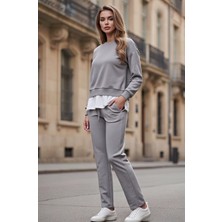 The Kadın Basic Bisiklet Yaka Etek Ucu Detaylı Sweatshirt ve Pantolon Eşofman Takımı- Siyah/melanj/gri
