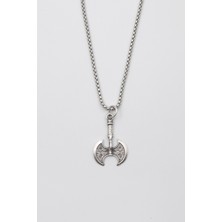 IDR Viking Çift Başlı Balta Kolye - Örme İthal Zincirli Unisex Gümüş Kaplama - 60 cm