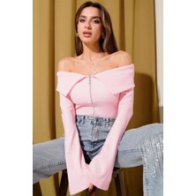 Mesga Butik Omzu Açık Fermuarlı Bluz Pembe T4330