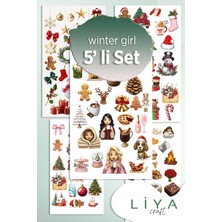 Liyacraft 5'li Winter Girl Sticker Set Renkli Yapışkanlı Tasarımlar Ajanda ve Bullet Journal İçin