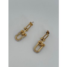 Marsel Tiffy Model Zirkon Taş Detay Sallantılı Gold Çelik Küpe