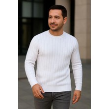 Velmora Fashion Erkek Bisiklet Yuvarlak Yaka Triko Kazak Pamuklu Kalın Fitilli Dokuma, Regular Fit Uzun Kollu Kışlık Model - Beyaz