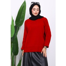İmaj Butik Kırmızı Bisiklet Yaka Yumuşak Dokulu Oversize Triko Kazak