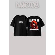 Anetos Dare To Be Tasarım Sırt Baskılı Pamuk Siyah Oversize T-Shirt