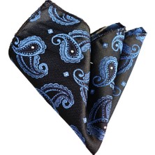 Exve Exclusive Siyah Üzerine Mavi Şal Desen Jakar Dokuma Cep Yaka Mendili