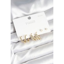 Clariss Gold Renk Pirinç 925 Ayar Gümüş Çivili Kadın Küpe Seti