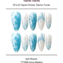 Takma Takma 10'lu Mavi Uzun Badem  TT1369 Tekrar Kullanılabilir El Yapımı Protez Takma Tırnak - Mavi-XS