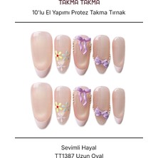 Takma Takma 10'lu Pembe Uzun Oval  TT1387 Tekrar Kullanılabilir El Yapımı Protez Takma Tırnak - Pembe-S