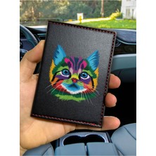 Nurdic Desenli Ruhsat Kabı Logolu Oto Kılıfı Deri Dikişli Araç Ruhsat Koruyucu Şaşkın Kedi