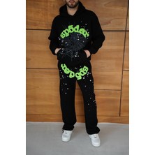 Rawea Fashion Erkek Kapüşonlu Eşofman Takım Örümcek Ağı ve Neon Yeşil Baskılı Kanguru Cepli Oversize Rahat Kalıp, Premium Üç Iplik Kumaş - Siyah