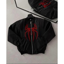 Rawea Fashion Örümcek Desenli Siyah Bomber Mont – Unisex Kullanıma Uygun, Fermuarlı Cepli, Kapitone Astarlı, Bahar Kış Günlük Giyim Için Moda Ceket Modeli - Siyah