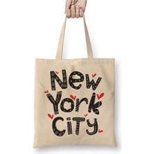 Toyaso New York City Beyaz Bez Çanta Uzun Saplı Alışveriş Çantası Plaj Çantası