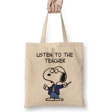 Toyaso Snoopy Teacher Öğretmenler Günü Öğretmene Hediye 24 Kasım Bez Çanta Uzun Saplı Alışveriş Çantası