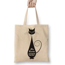 Toyaso Meu Pretinho Basico Cat Kedi Beyaz Bez Çanta Uzun Saplı Alışveriş Çantası Plaj Çantası