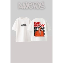 Anetos Bad Bunny 4 Tasarım Sırt Baskılı Pamuk Beyaz Oversize T-Shirt
