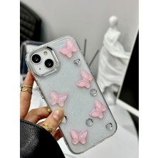 Go Aksesuar Apple Iphone 13 - 14 - 15 Uyumlu 3D Oyuncaklı Şeffaf Simli Pembe Kelebek Epoksili Telefon Kılıfı