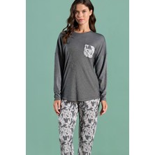 Pijadore Kadın Uzun Kollu Bisiklet Yaka Göğüste Cep Detaylı Siyah Renk Pijama Takımı C4T7N91