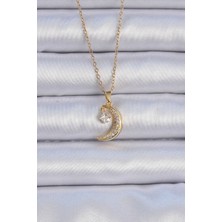 Mena Rise 316L Çelik Zincir Altın Renk Zirkon Taşlı Sallantılı Ay Yıldız Kolye - Lisinya