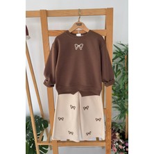 Miniğimin Cicileri Fiyonk Işleme Detaylı Kız Çocuk Bol Pantolonlu kız çocuk takım - Kahverengi