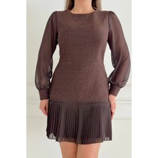 Zishan Fashion Etek Ucu Piliseli Şanel Kumaş Uzun Kollu Midi Boy Modern Tasarım Kadın Elbise 021