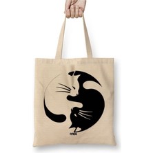 Toyaso Cats Kedi Ying Yang Japon Beyaz Bez Çanta Uzun Saplı Alışveriş Çantası Plaj Çantası