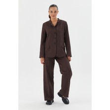 Çizgili Ceket Pantolon Takım Kahve